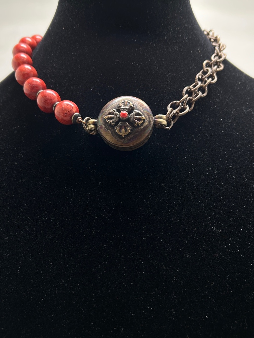 Vintage Antique Gold And Polished Coral Beaded Necklace, Tibetan
Prayer Amule